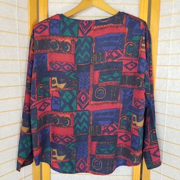 1990s Silk Blouse Size Medium Multi-Color Long Sleeves Shoulder Pads Vintage - Picture 5 of 6